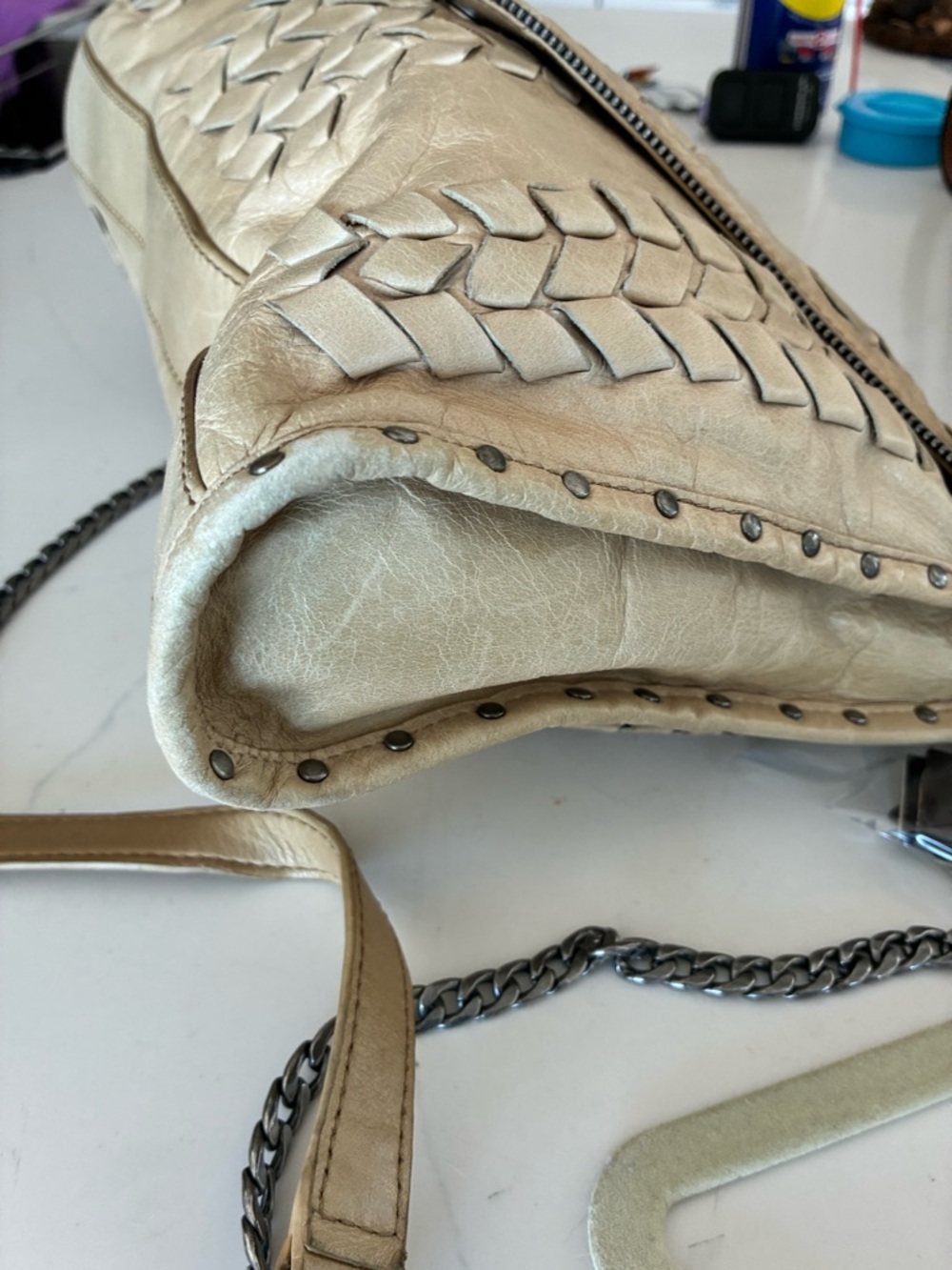 Rebecca Minkoff Woven Leather silver Chain Shoulder Bag in Creamy Tan - Picture 13 of 15